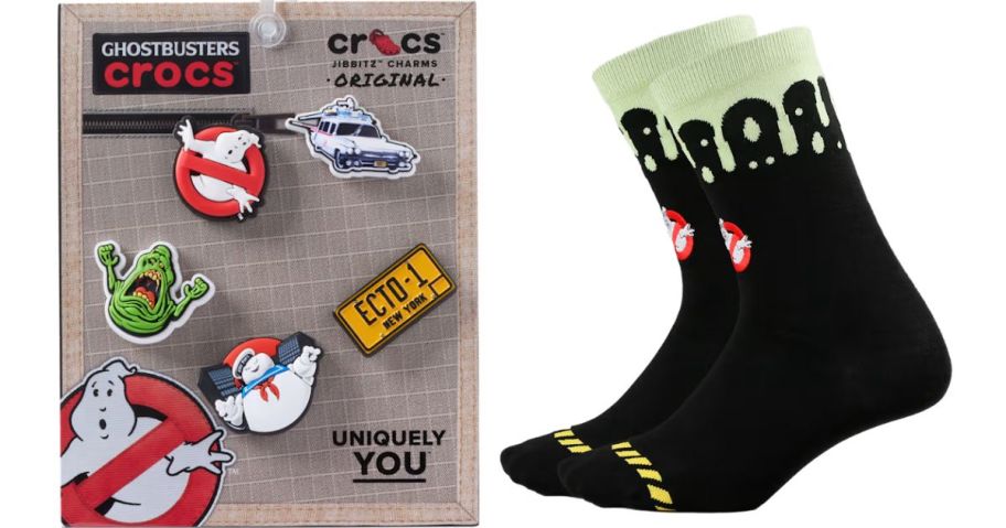 A package of Crocs Jibbitz Ghostbuster-theme and socks
