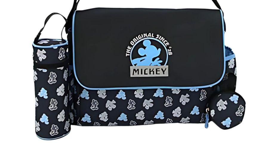 A diaper bag with Mickey Mouse on it