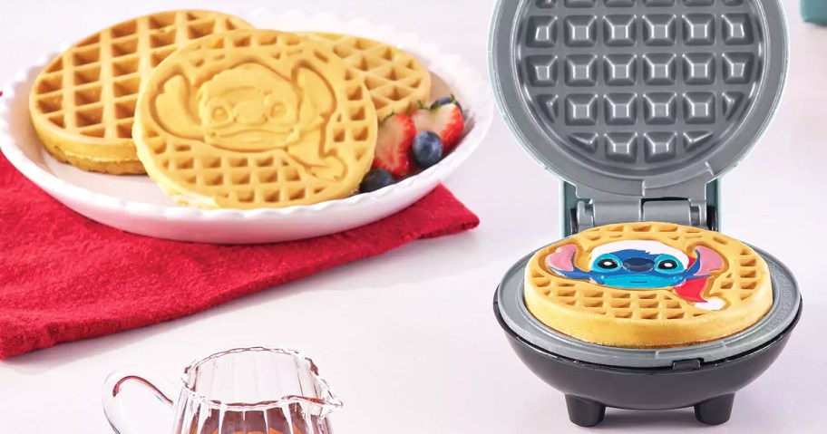 christmas stitch waffle maker with plate of waffles in background