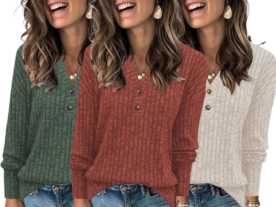 3 women wearing lightweight sweaters in green, orange, and tan