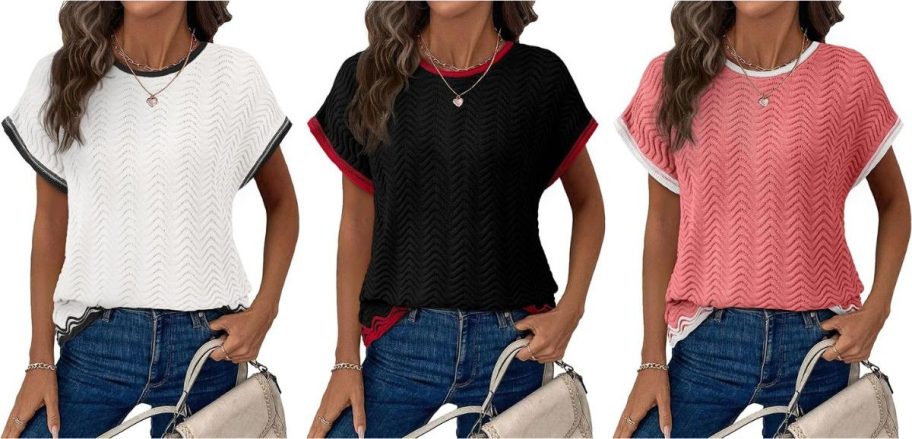 Stock images of 3 women wearing Dokotoo Women's Crochet Tops in different colors