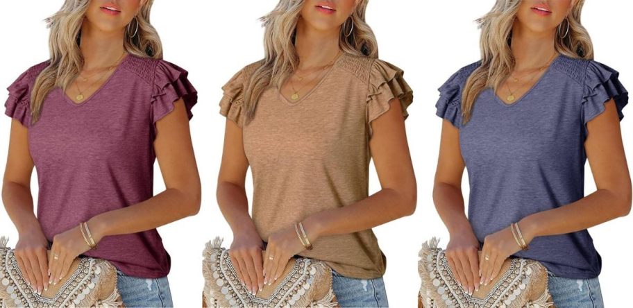 Stock images of 3 women wearing Dokotoo Women's Ruffle Sleeve Tee in different colors