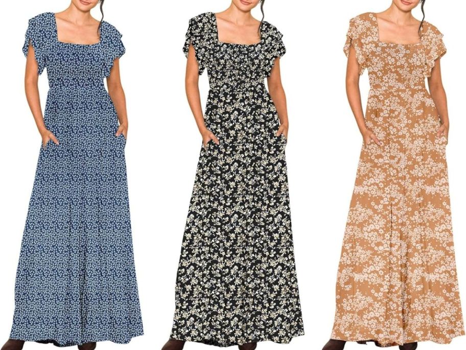 Stock images of three women wearing Dokotoo Floral Wide Leg jumpsuits in different colors