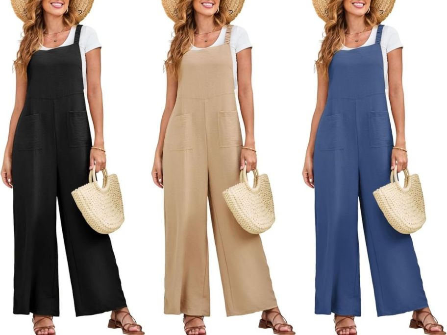 Stock images of three women wearing Dokotoo Women's Sleeveless Wide-Leg Jumpsuits in different colors