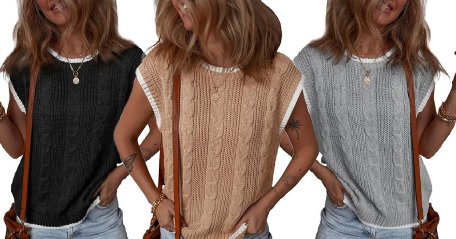Stock images of 3 women wearing Dokotoo Women's Cable-Knit Sweater Tops in different colors