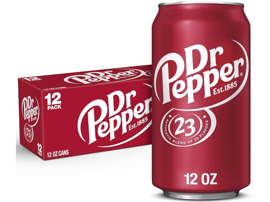Dr. Pepper's case with a large can before that