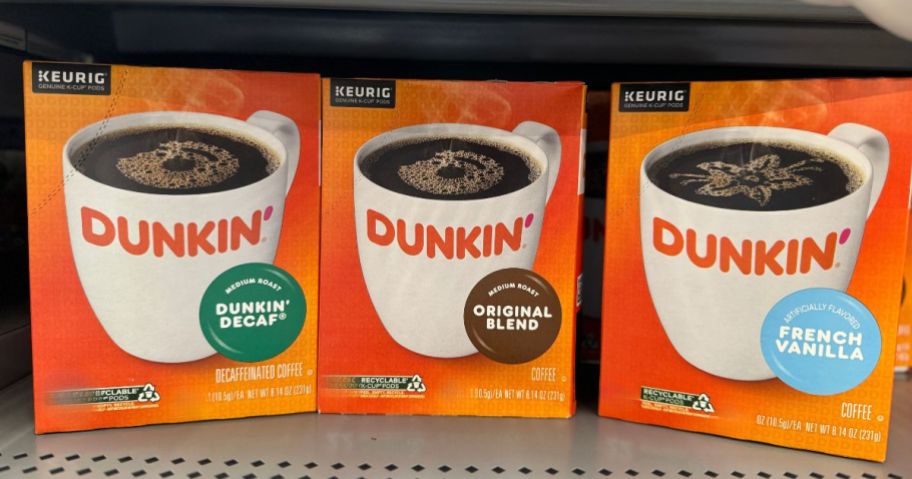 Dunkin' Coffee Keurig K-Cup Pods boxes on shelf in store