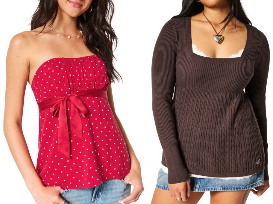 Easy Strapless Babydoll Top and Long-Sleeve Square-Neck Babydoll Sweater
