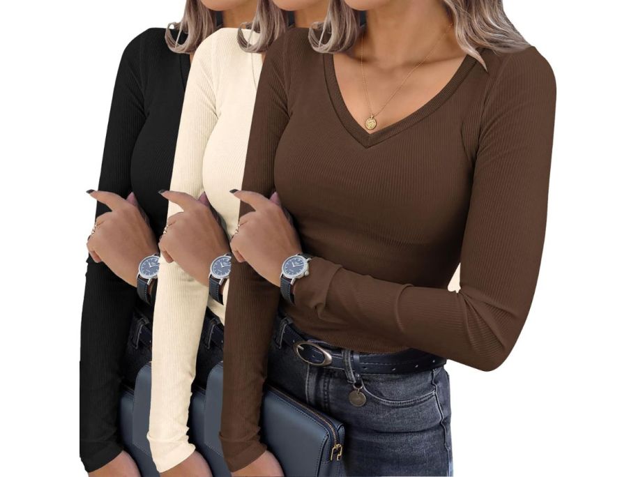 3 women wearing v-neck tops