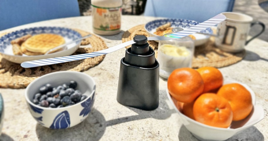 fly fan on table with breakfast foods