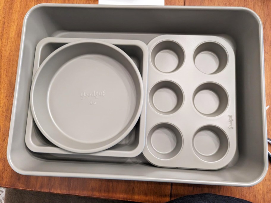 baking pans nesting in one another on a counter
