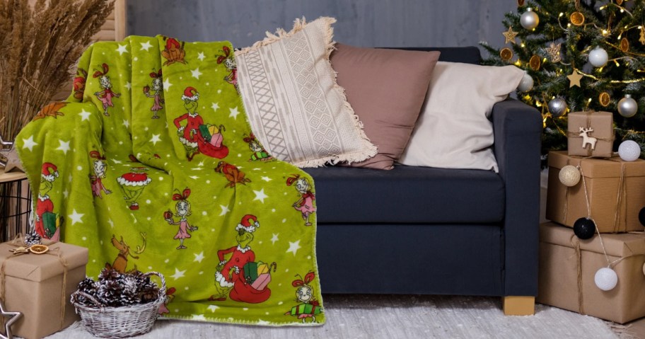 Grinch throw blanket on couch