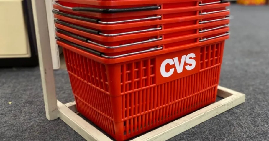 CVS shopping baskets stacked inside a store