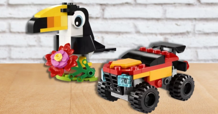 a mini LEGO toucan and a mini LEGO monster truck