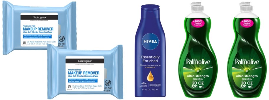 2 Neutrogena makeup wipe packs, a bottle of Nivea lotion, and 2 bottles of Palmolive dish detergent
