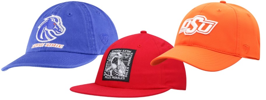 NCAA hats and a Spiderman hat