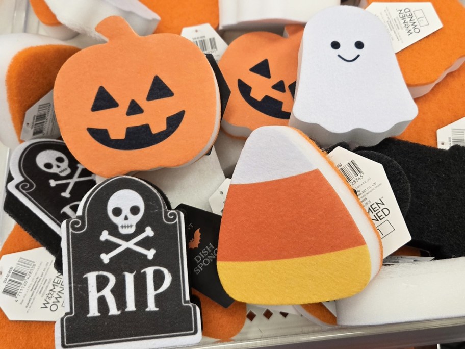 pumpkin, ghost, candy corn, and tombstone sponges