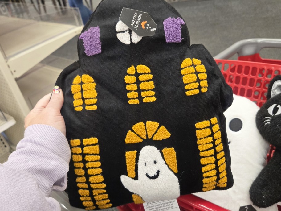 hand holding up a haunted house throw pillow