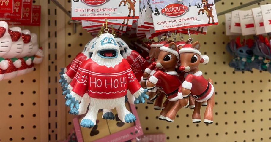 Rudolph the Red Nosed Reindeer character ornaments in a store