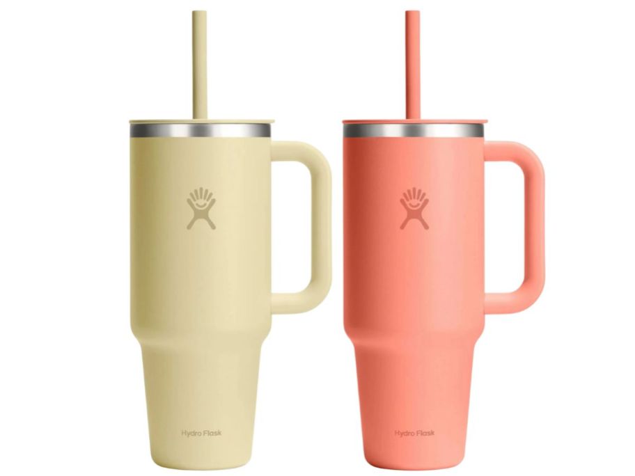 2 hydro flask tumblers in yellow and orange