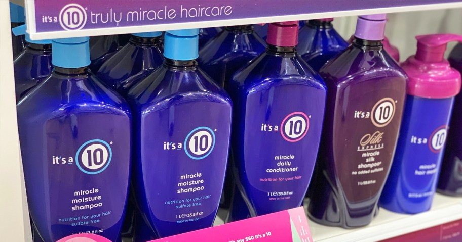 blue bottles of It's a 10 shampoo & conditioner on store shelf
