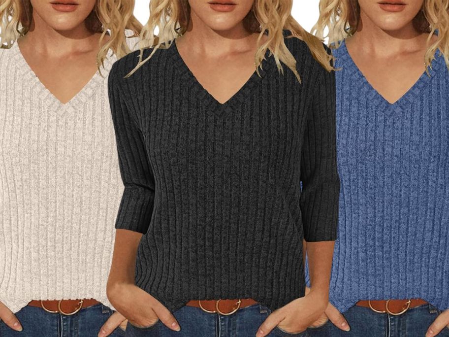 3 women wearing v-neck tops