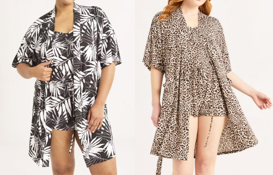 women in black/white and cheetah print pajama and robe sets