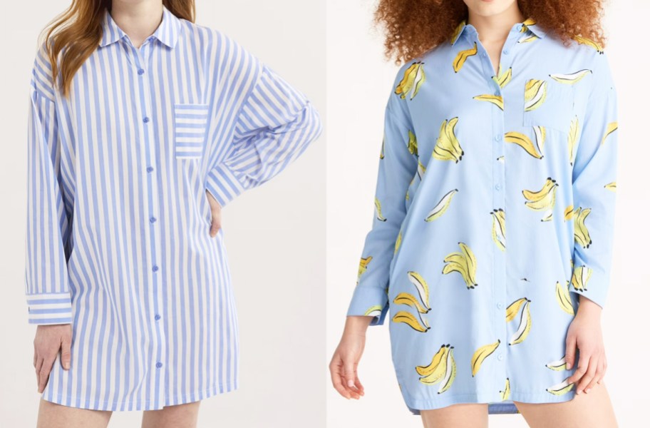 two women in blue striped and banana print sleep shirts