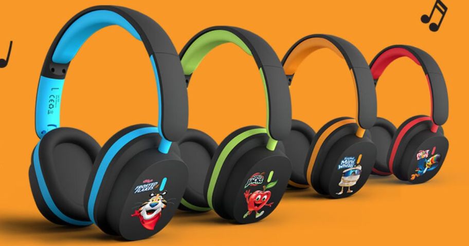 4 pairs of headphones in front of an orange background