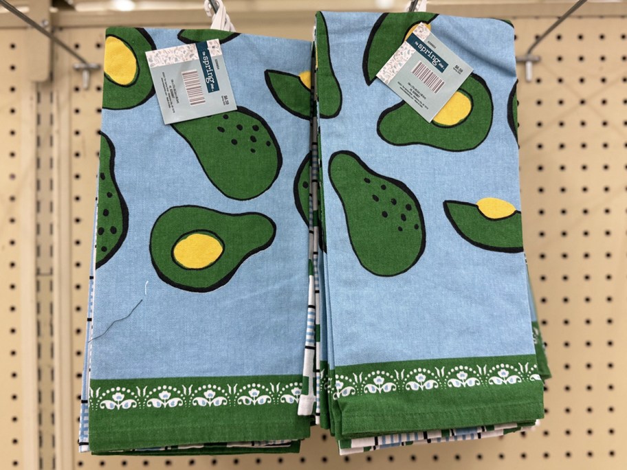 blue and green set of avocado print kitchen towels