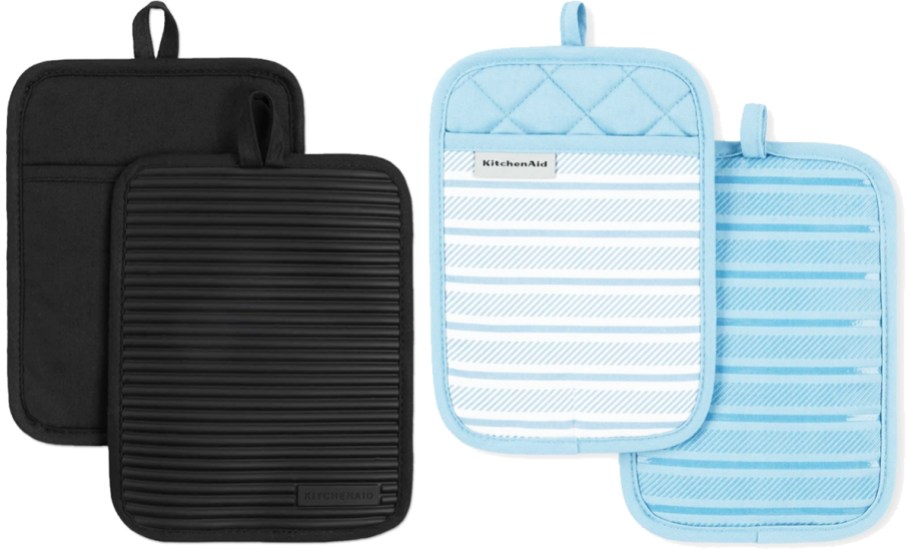 black and blue sets of KitchenAid pot holders