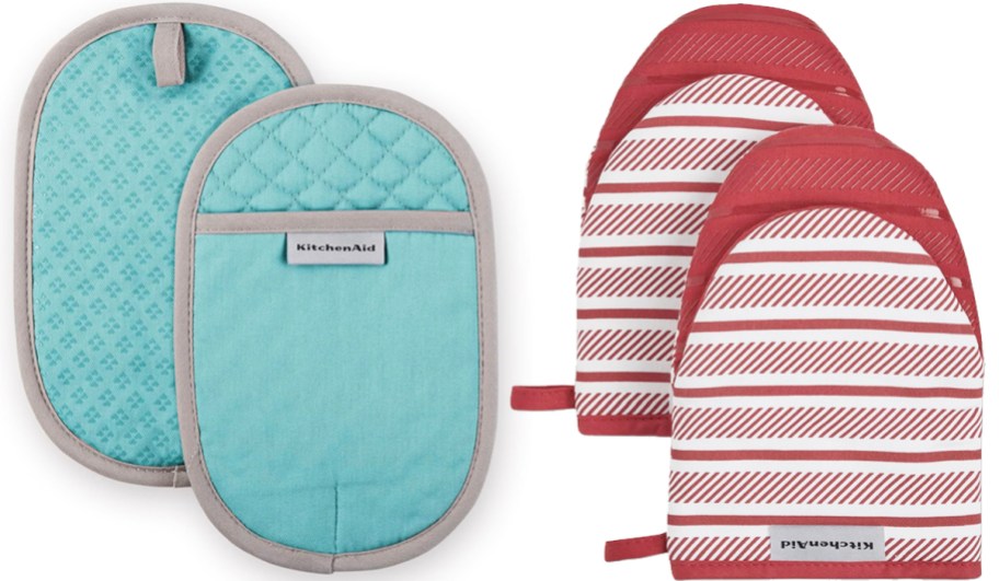 blue and red sets of KitchenAid pot holders