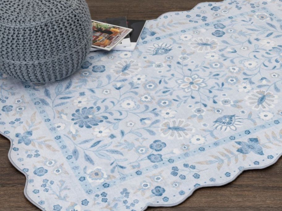 Mainstays 4'x5'6" Blue Persian Faux Fur Scalloped Area Rug on floor in living room