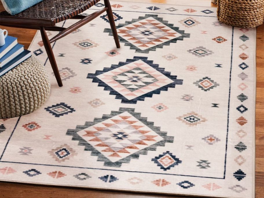 Mainstays 4'x5'6" Southwestern Faux Fur Rug on floor in dining room