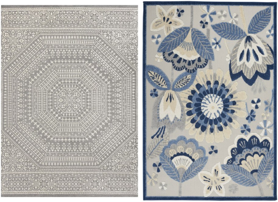 Mainstays 5x7ft Woven Gray Medallion Outdoor Rug and Nourison 5ft3inx7ft5in Aloha Indoor:Outdoor Floral Contemporary Rug