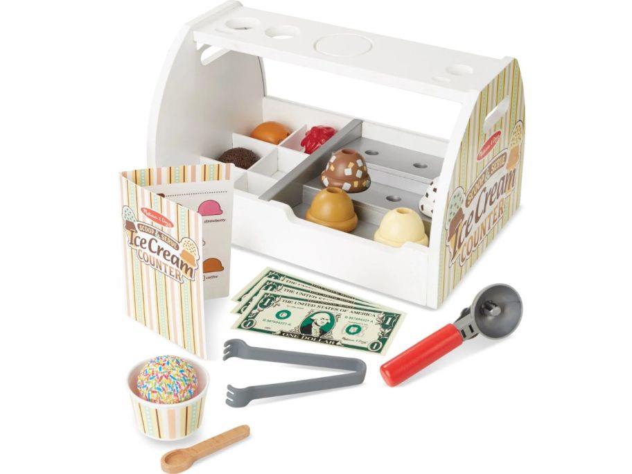 A wooden ice cream playset with scoops and money