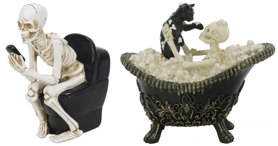 Skeleton figurines on a Toilet & Bath