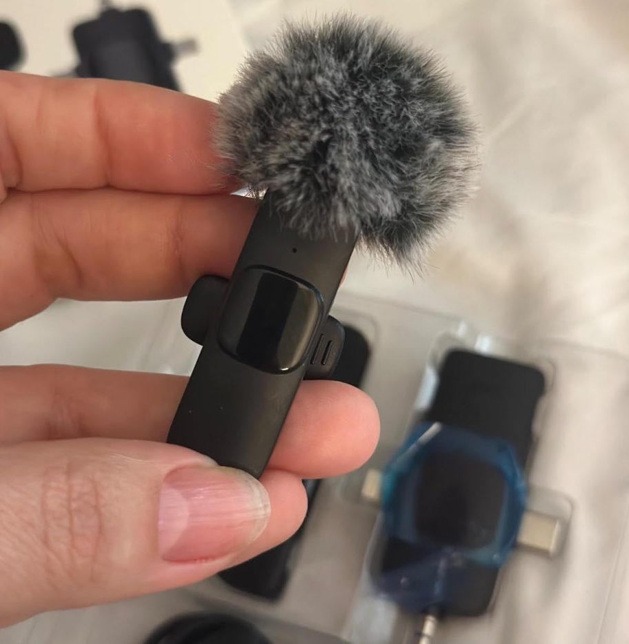 Hand holding a black mini fluffy microphone 