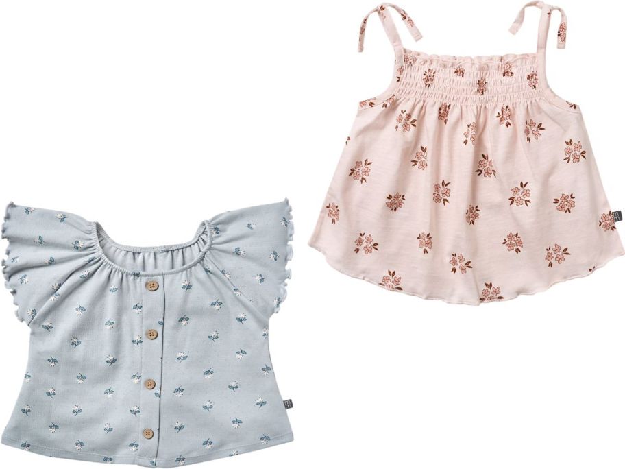 Stock images of two Modern Moments by Gerber Toddler Girl Organic Ruffled Tops