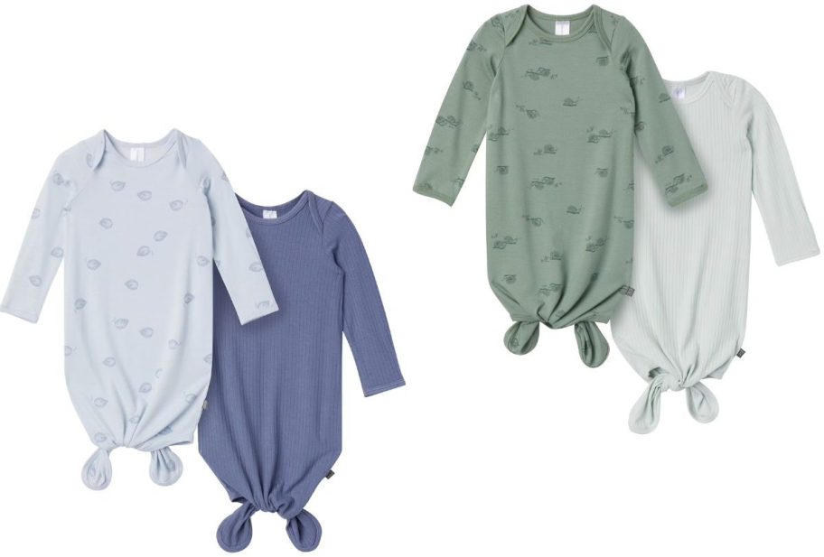 Stock image of two Modern Moments by Gerber Baby Neutral Knotted Gown & Mittens 2-packs