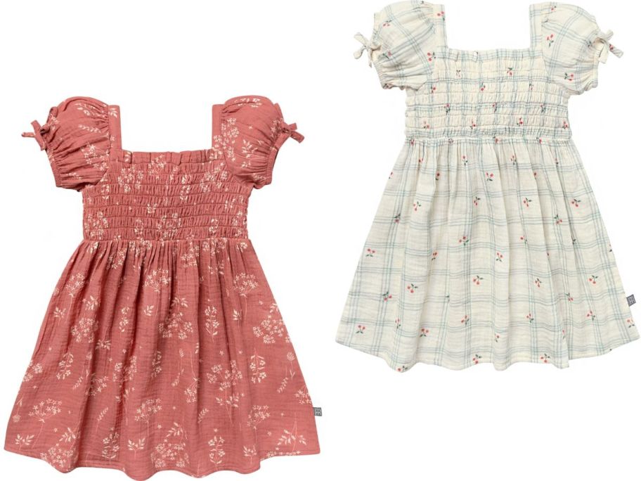 Stock images of two Modern Moments by Gerber Toddler Girl Smocked Dresses