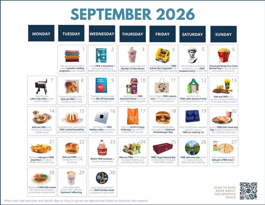 september 2026 calendar with various deals and sales to shop