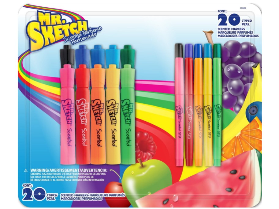 Mr. Colorful Fruit-themed packaging includes thick and thin markers. This is a package of 20 Sketch scented markers.