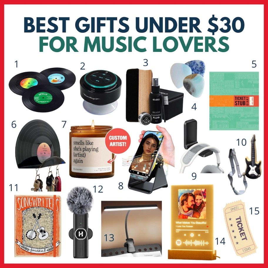 collage of music lovers gift guide ideas under $30