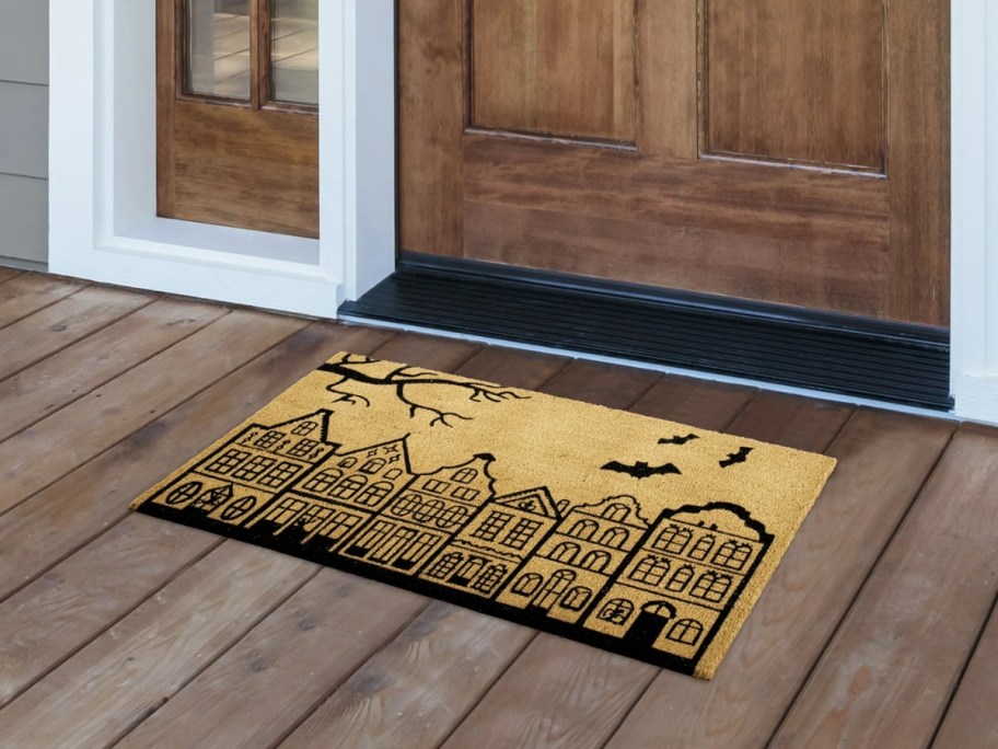 My Texas House Halloween Bats Outdoor Coir Mat on front porch