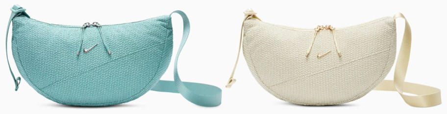 teal and cream colored crescent bags