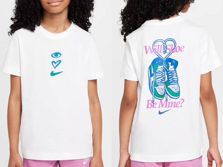 Front back view of a girl wearing a Nike tee