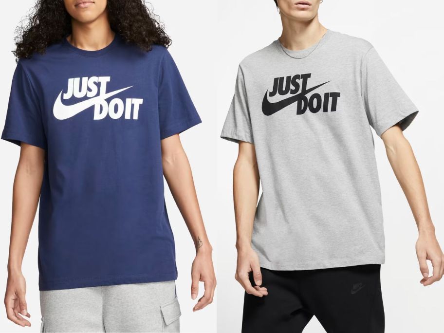 Stock images of two men wearing dark blue and gray nike just do it tees