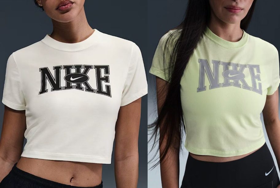Stock images of two women wearing Nike Sportswear Women's Slim Cropped Tees