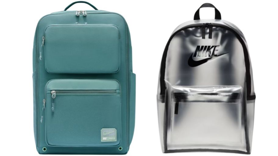 stock image of Nike backpacks in blue and silver